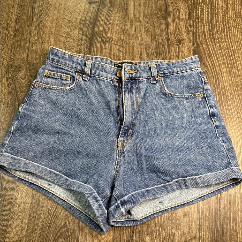 Bershka Blue Jean Shorts with High-Waisted Design and Folded Cuff